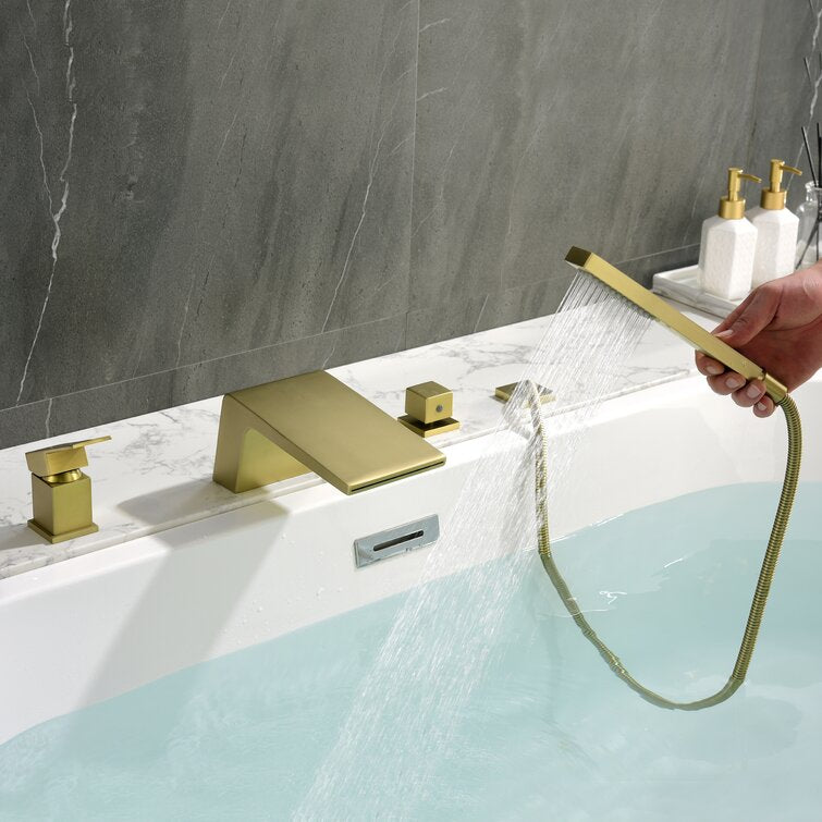 Single-Handle Tub Deck Mount Roman Tub Faucet with Hand Shower and Water Suply Hose in Brushed Gold — thumbnail 2