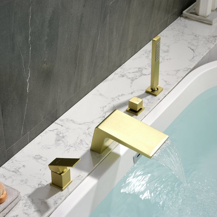 Single-Handle Tub Deck Mount Roman Tub Faucet with Hand Shower and Water Suply Hose in Brushed Gold — thumbnail 3
