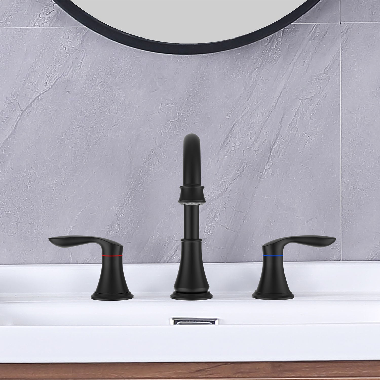 2-Handle 8 inch Widespread Bathroom Sink Faucet 3 Hole 360° Swivel Spout Vanity Sink Basin Faucets with Pop Up Drain Assembly — thumbnail 3