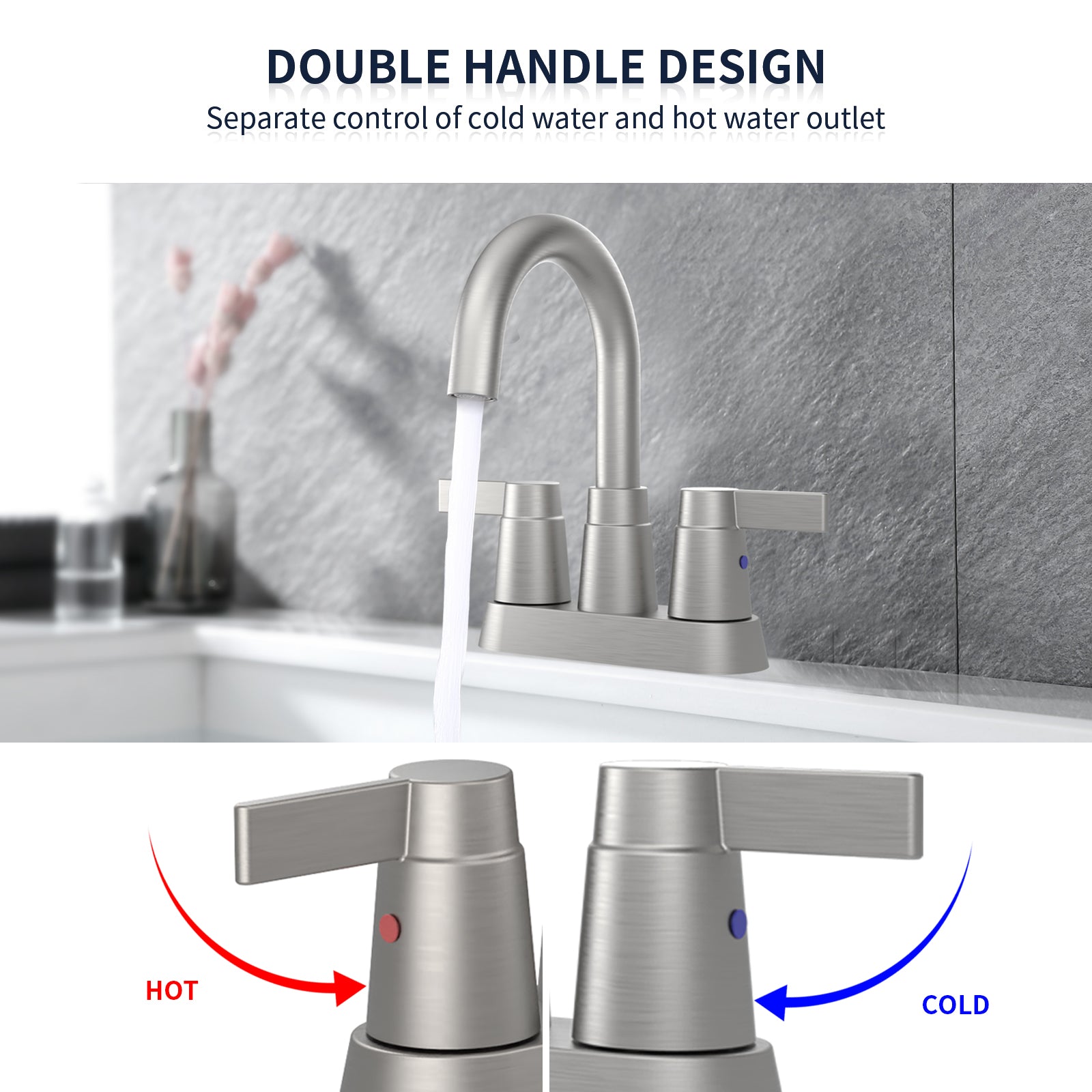 2-Handle Bathroom Sink Faucet 360 Degree High Arc Swivel Spout Centerset 3 Holes Lavatory Faucet — thumbnail 3