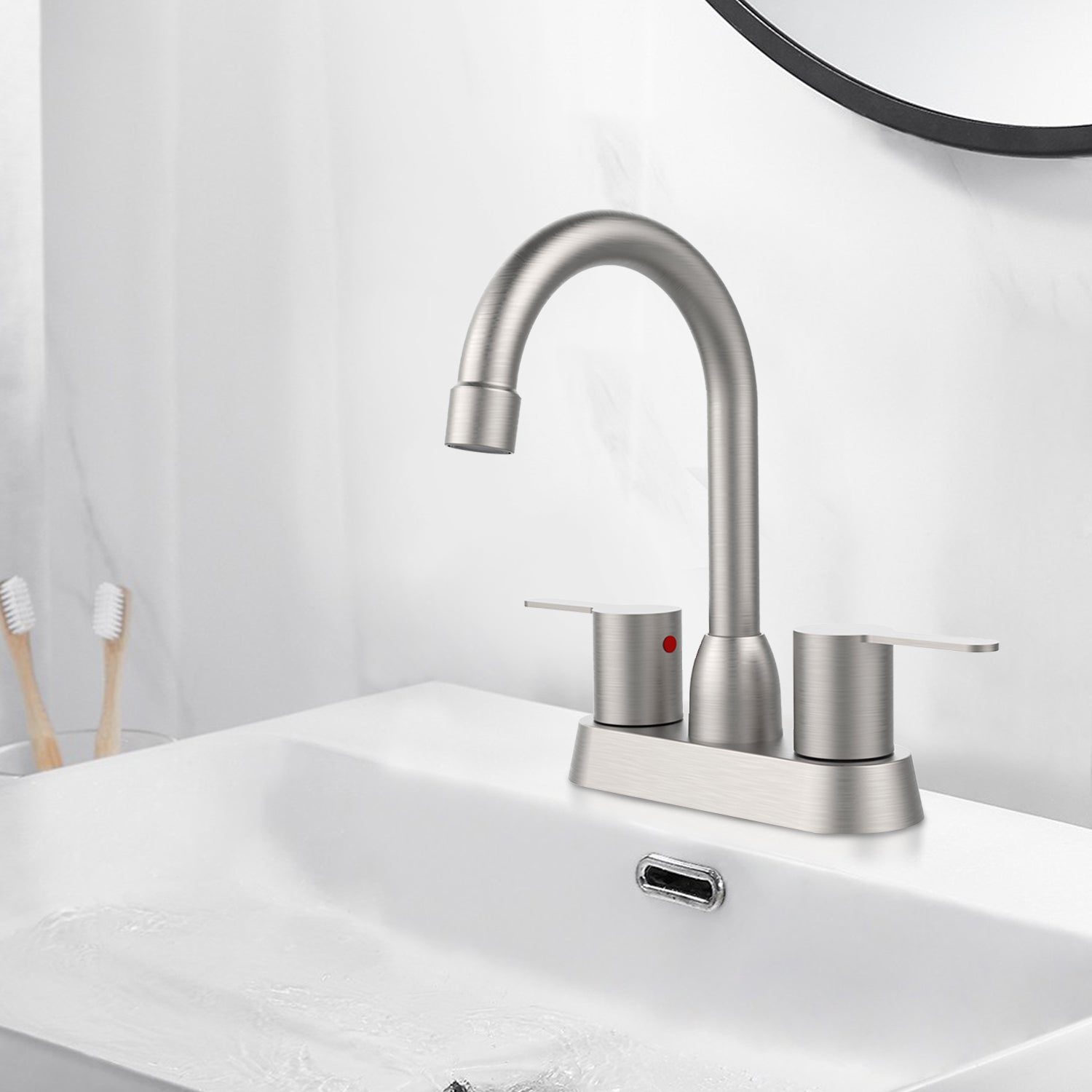 2 Handles 4" Centerset Bathroom Sink Faucet with Drain Assembly for 3 Hole — thumbnail 2