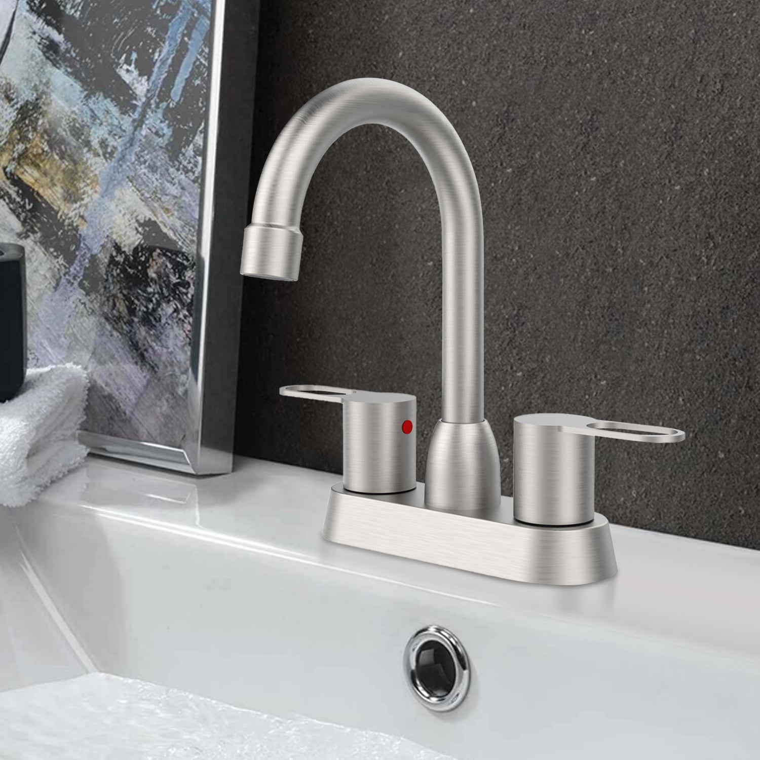 2-Handle 360 Degree High Arc Swivel Spout 4 Inch Centerset Vanity Faucet Bathroom Faucet — thumbnail 2