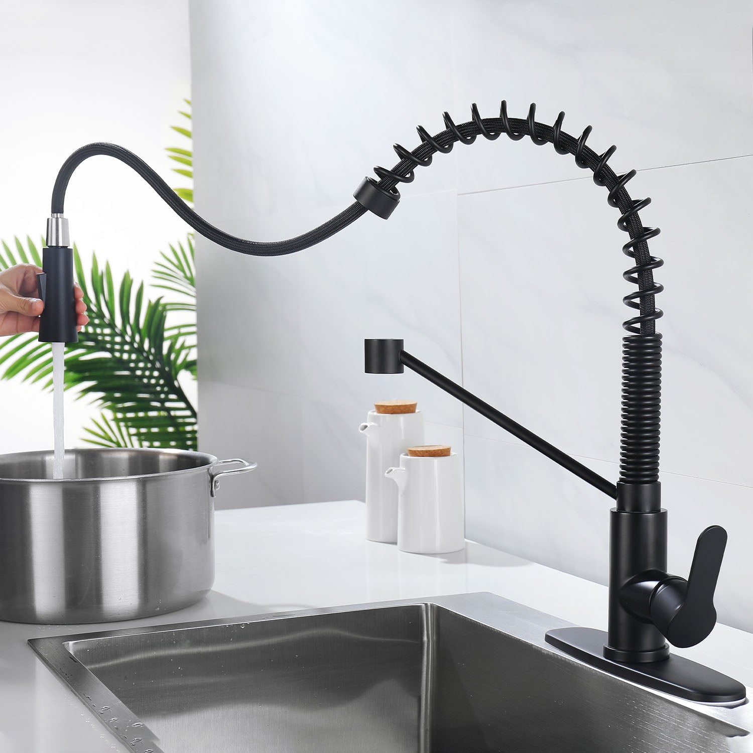 Matte Black Single Handle Kitchen Faucet with Soap Dispenser and Pull Down Sprayer — thumbnail 2
