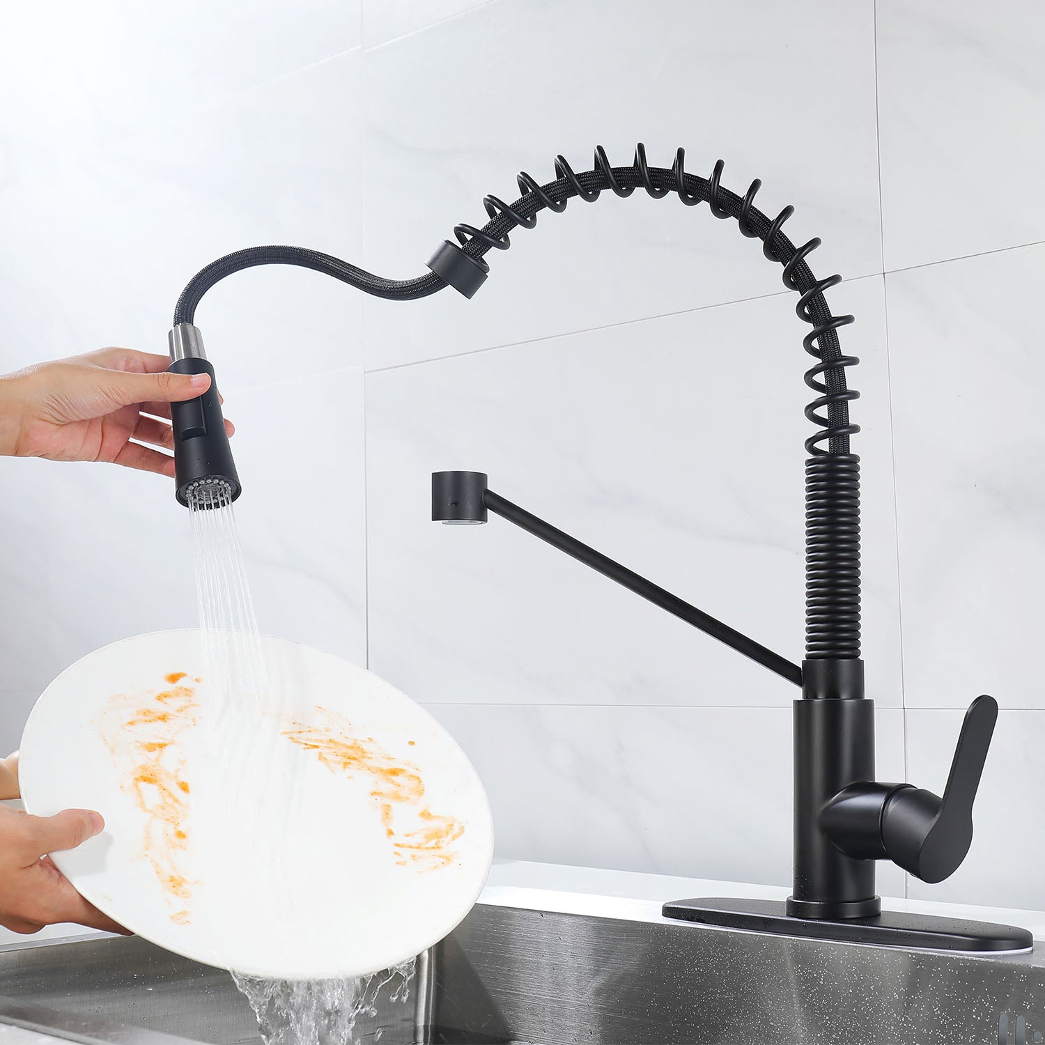 Matte Black Single Handle Kitchen Faucet with Soap Dispenser and Pull Down Sprayer — thumbnail 3