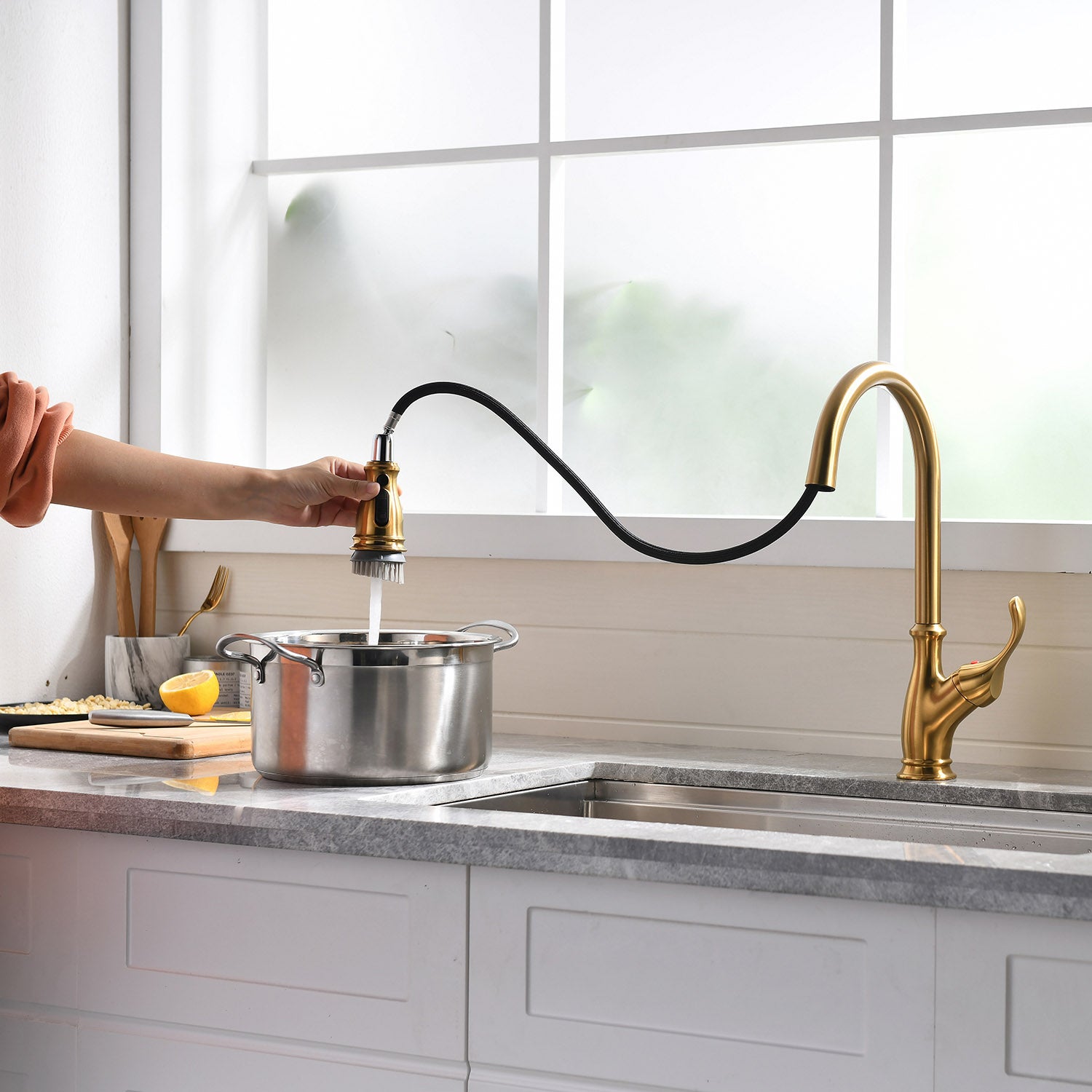 Single Handle Solid Brass Pull Down Kitchen Faucet in Brushed Gold — thumbnail 2