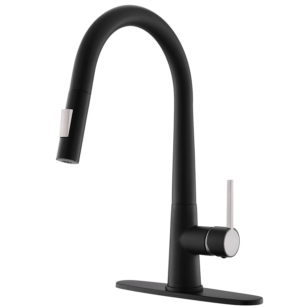 Single Handle Deck Mount Gooseneck Pull Down Sprayer Kitchen Faucet in Black