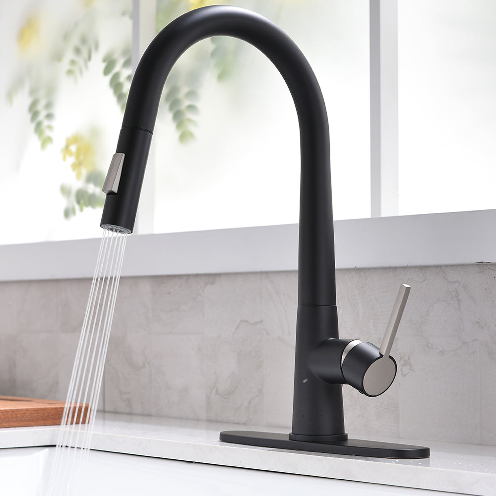 Single Handle Deck Mount Gooseneck Pull Down Sprayer Kitchen Faucet in Black — thumbnail 3