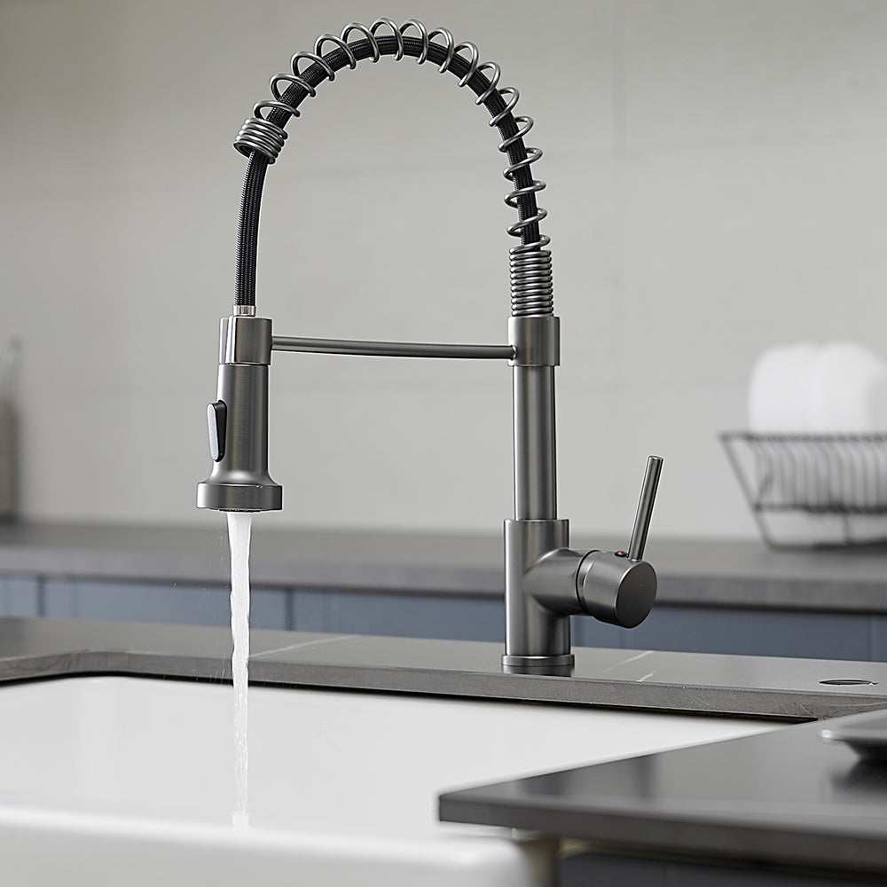 Single Handle Deck Mount Gooseneck Pull Down Sprayer Kitchen Faucet in Gun-Grey — thumbnail 2