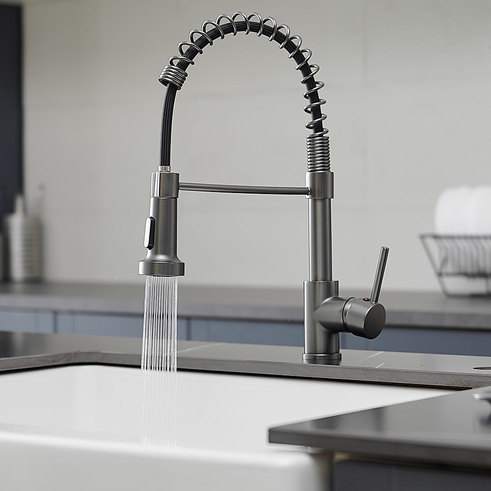 Single Handle Deck Mount Gooseneck Pull Down Sprayer Kitchen Faucet in Gun-Grey — thumbnail 3