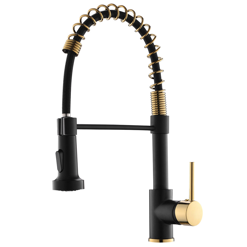 Spring Pull Down Kitchen Faucet with Sprayer in Black and Gold
