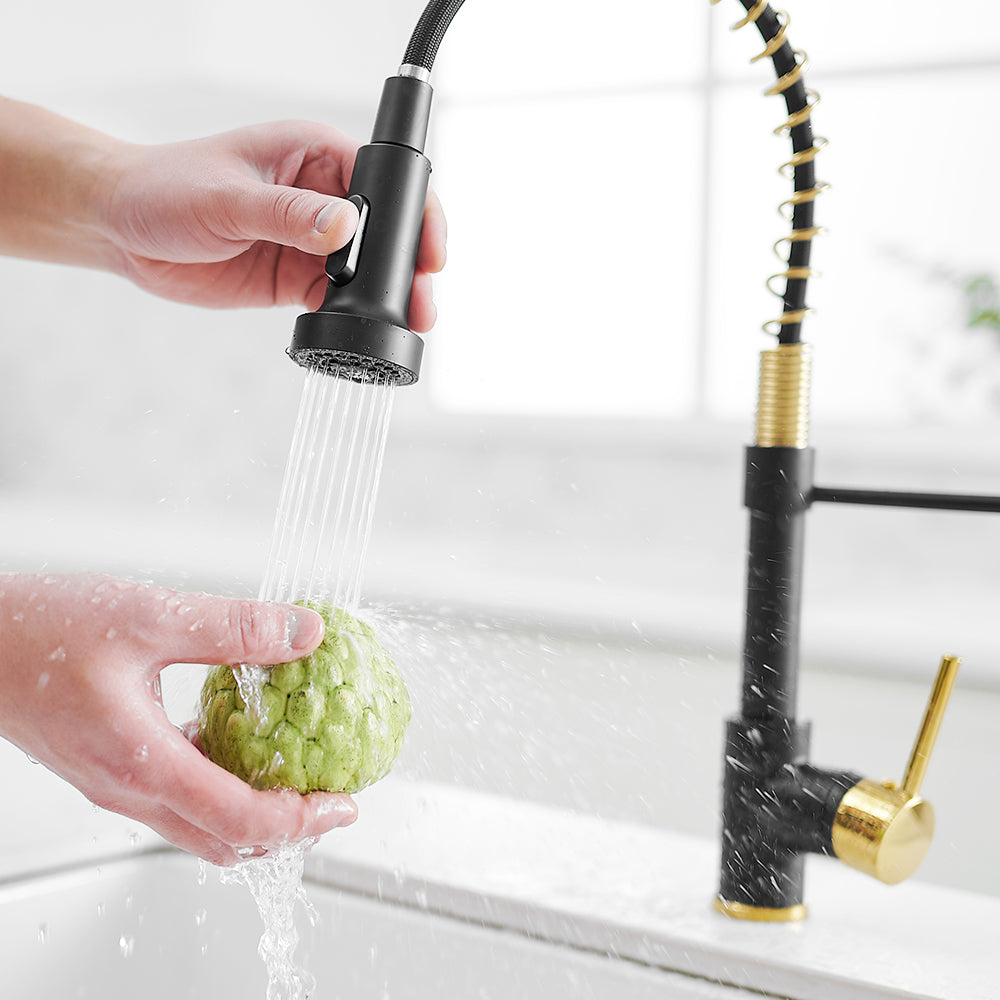 Spring Pull Down Kitchen Faucet with Sprayer in Black and Gold — thumbnail 2