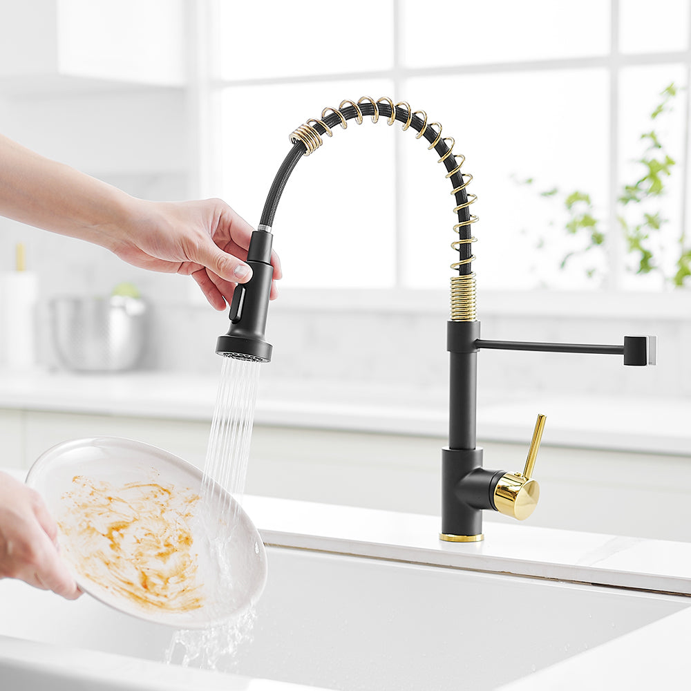 Spring Pull Down Kitchen Faucet with Sprayer in Black and Gold — thumbnail 3