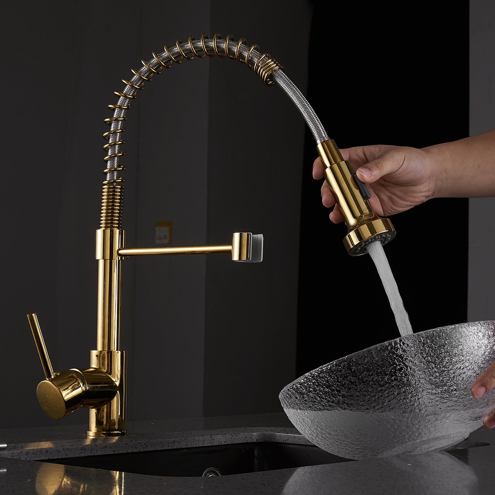 Single Handle Kitchen Faucet with Pull Down Sprayer in Gold — thumbnail 2