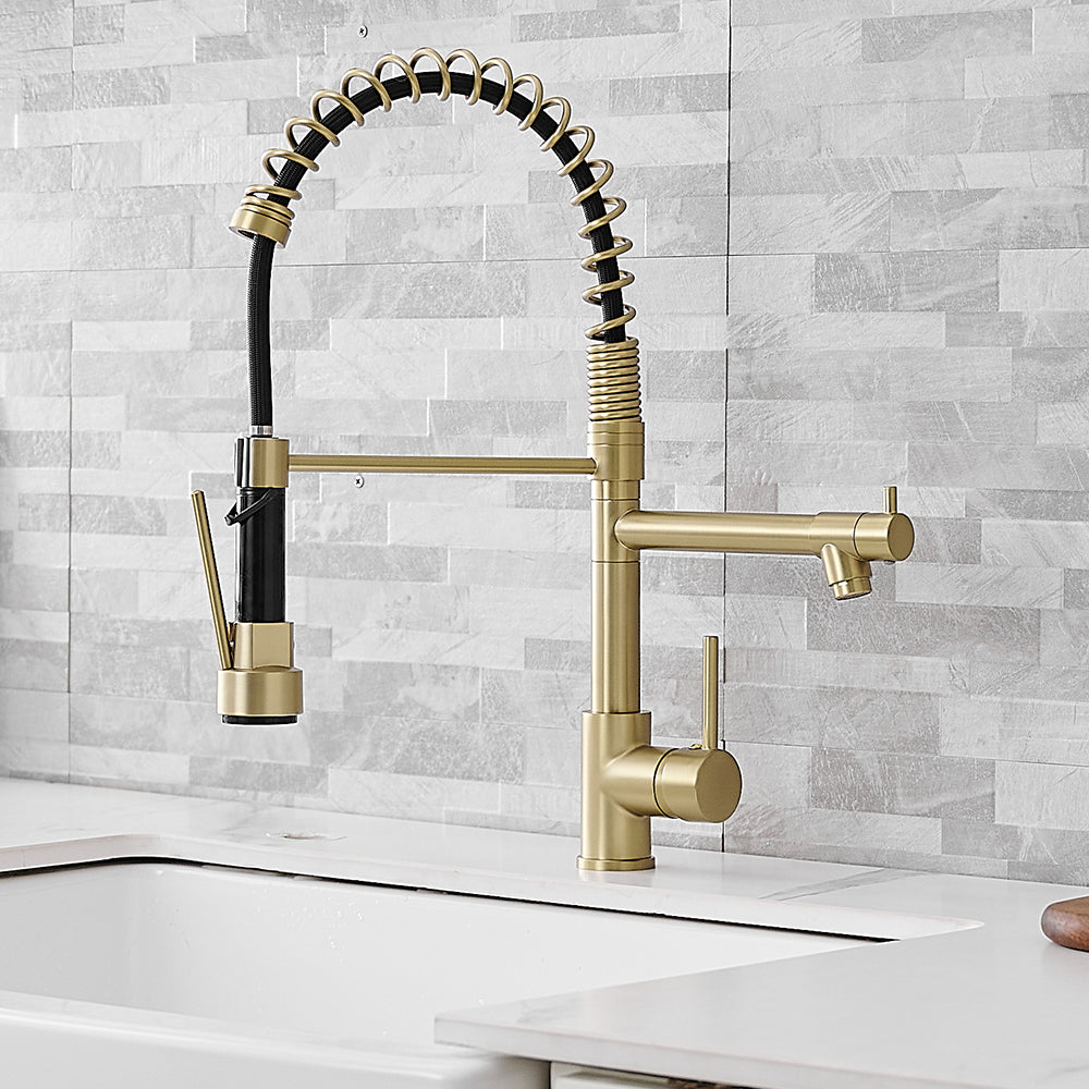 Touchless Deck Mount Single Handle Pull Down Spraye Kitchen Faucet in Brushed Gold — thumbnail 2