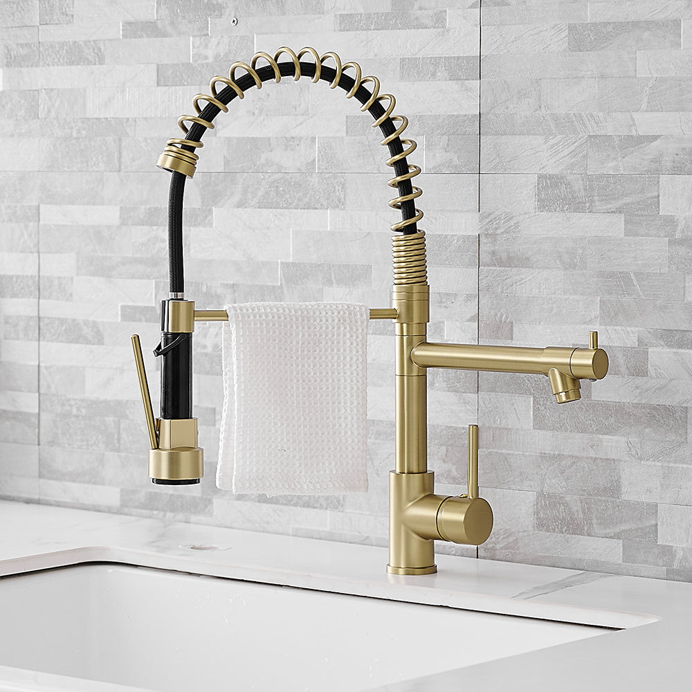 Touchless Deck Mount Single Handle Pull Down Spraye Kitchen Faucet in Brushed Gold — thumbnail 3