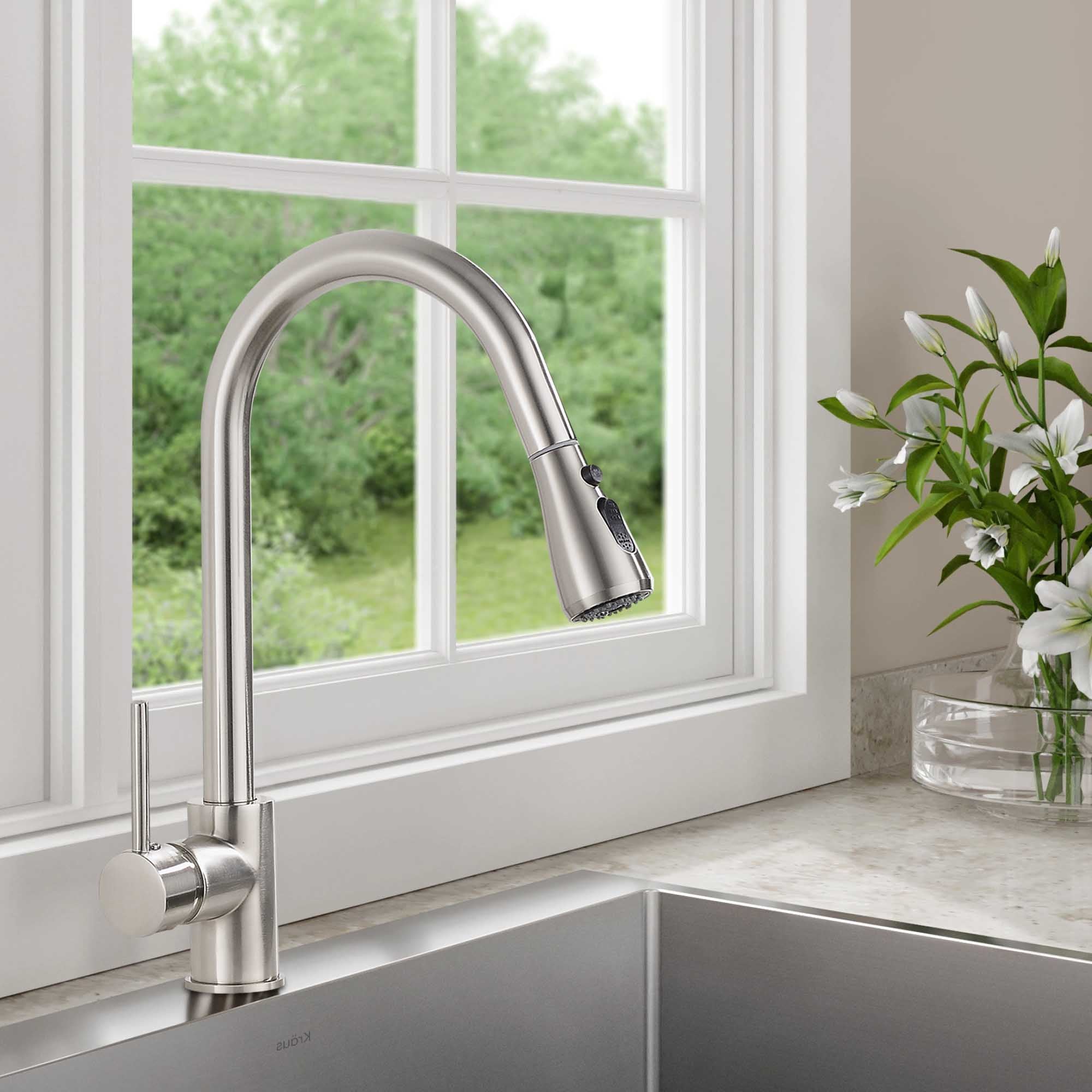 Single Handle Metal Pull Down Sprayer Kitchen Faucet in Brushed Nickel — thumbnail 3