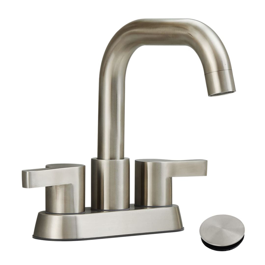 2 Handle 4 Inch Centerset Brushed Nickel Bathroom Sink Faucets 3 Hole with Pop Up Drain and Water Supply Lines