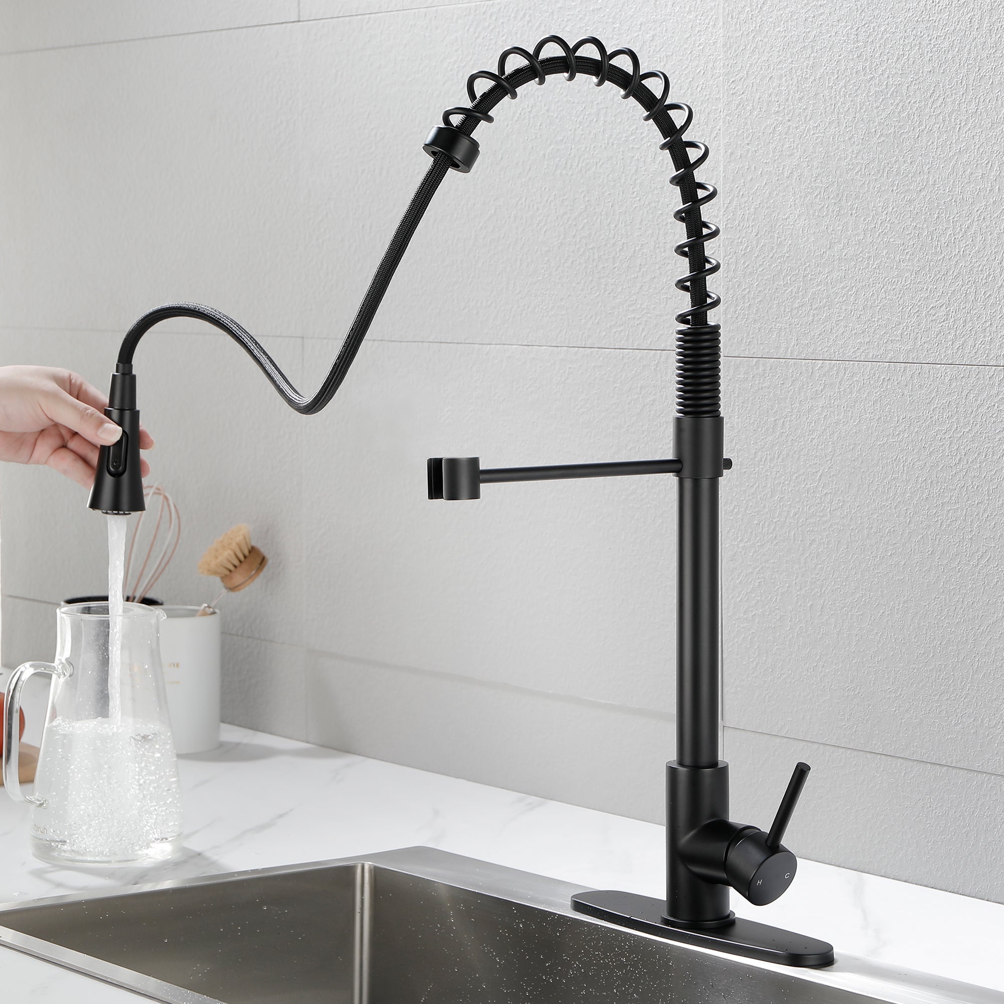 Single Handle Deck Mount Gooseneck Pull Down Sprayer Kitchen Faucet — thumbnail 3