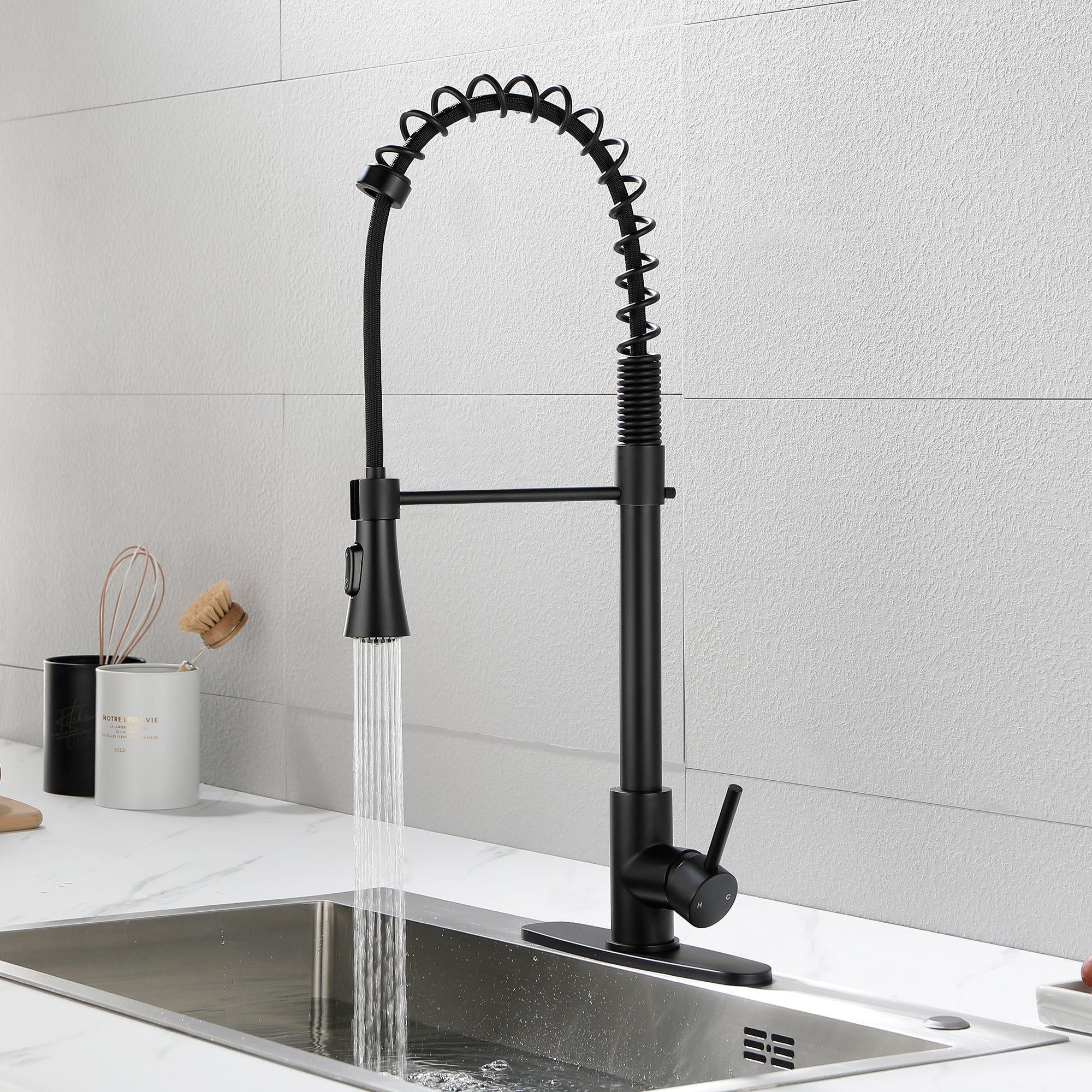 Single Handle Deck Mount Gooseneck Pull Down Sprayer Kitchen Faucet