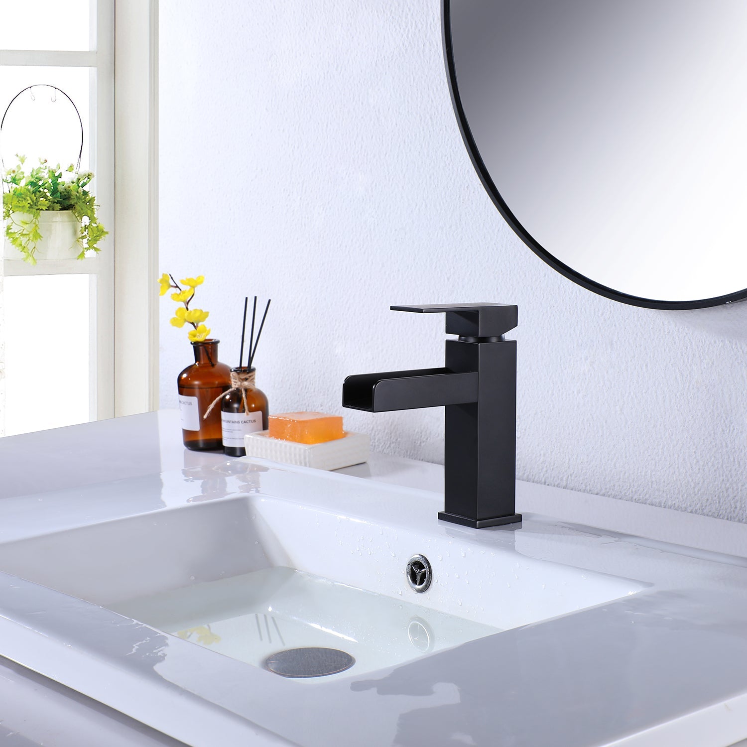 Single Handle Single Hole Bathroom Faucet with Deckplate Included and Wide Mouth in Matte Black — thumbnail 2