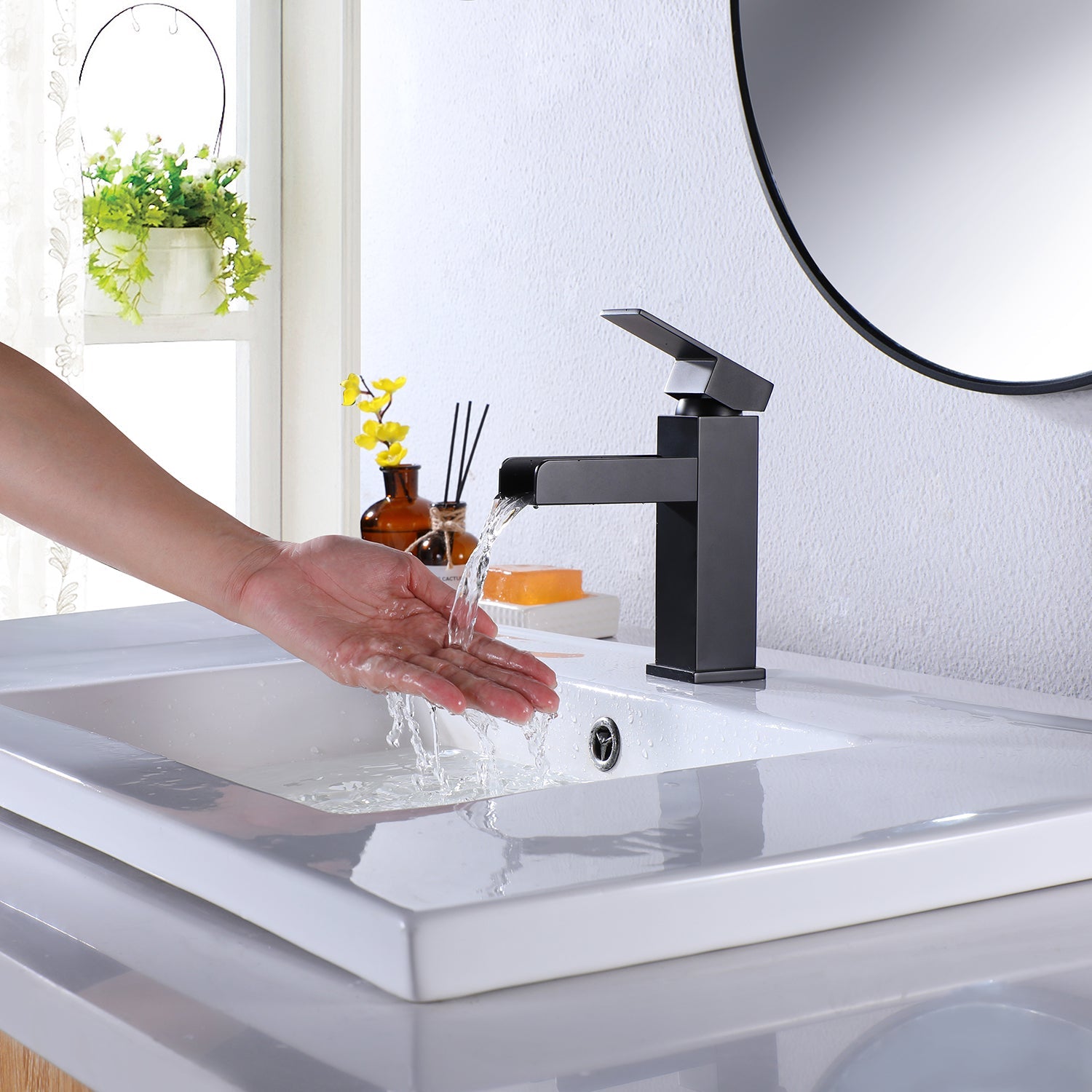 Single Handle Single Hole Bathroom Faucet with Deckplate Included and Wide Mouth in Matte Black — thumbnail 3