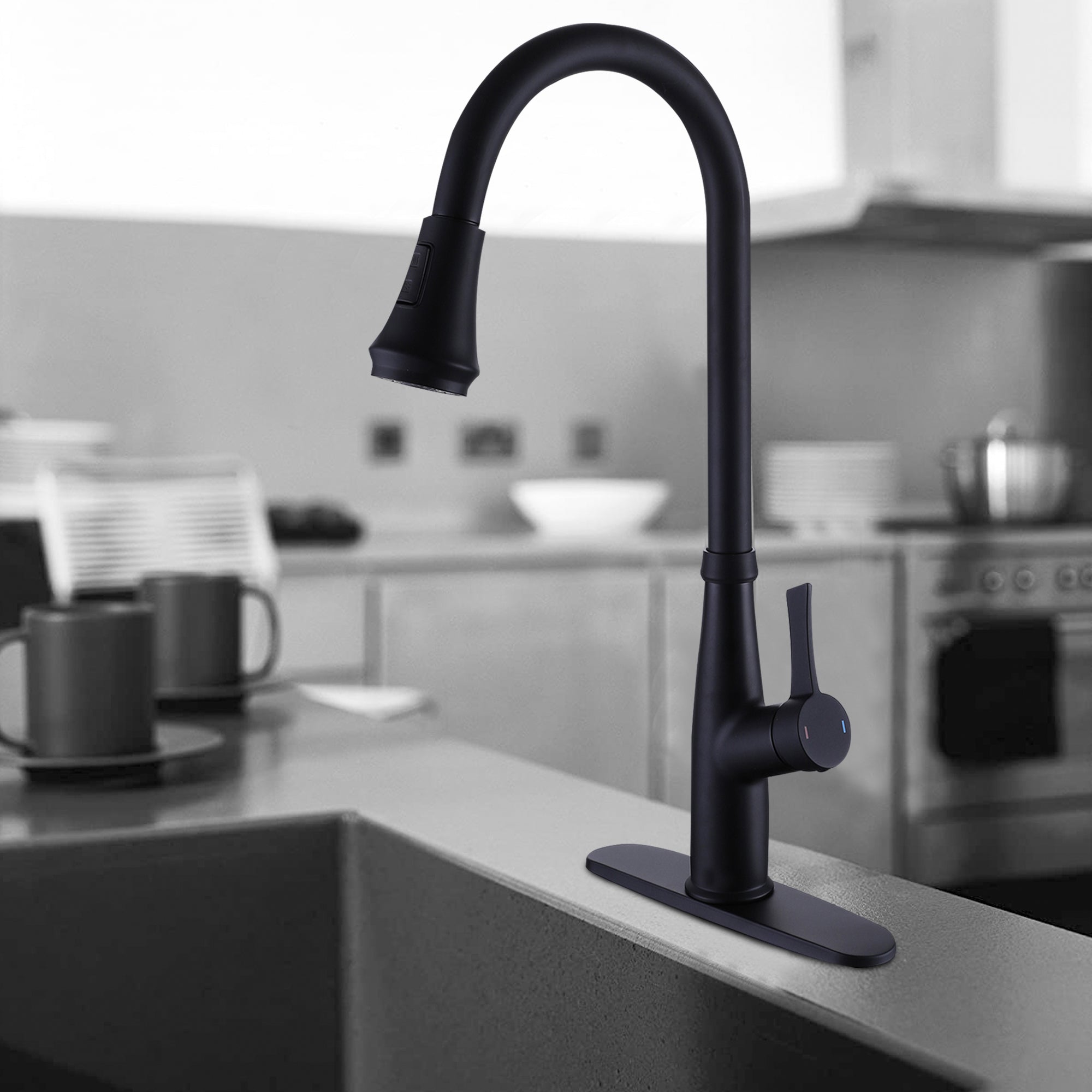Single Handle Sink Kitchen Faucet with Pull Down Sprayer Matte Black — thumbnail 2
