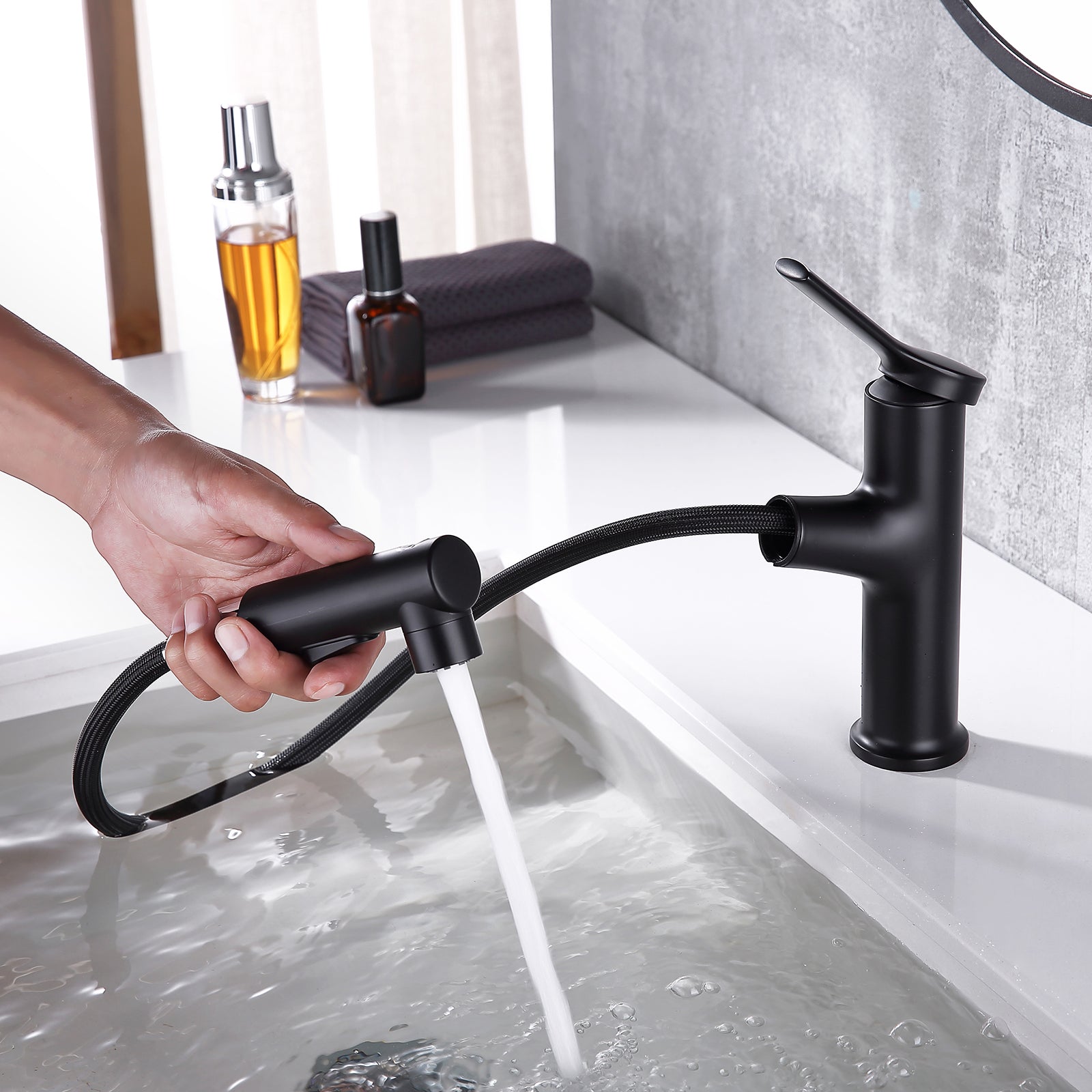 Three Functions Single Hole Pull Down Bathroom Faucet — thumbnail 3