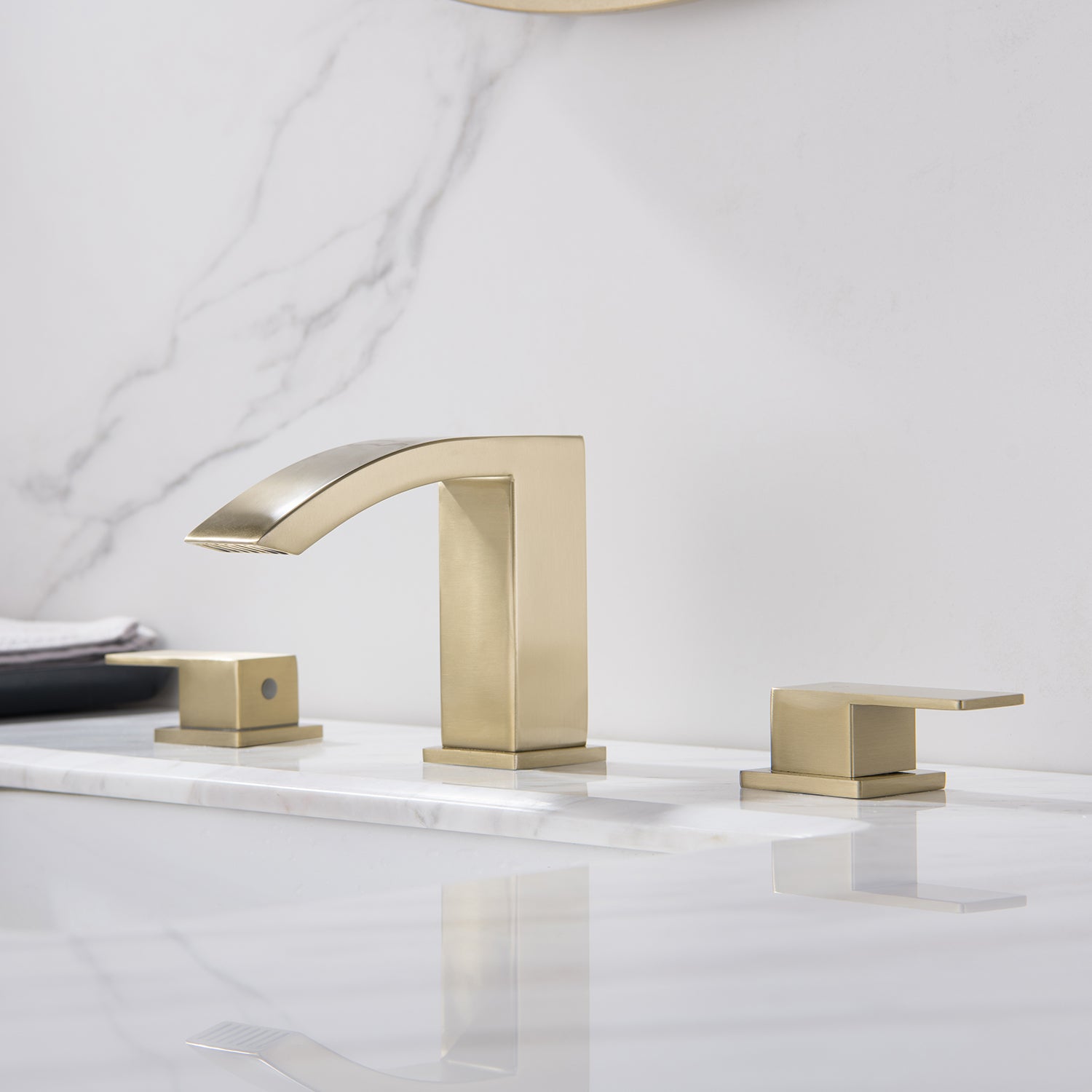 Waterfall Bathroom Faucet 3 Hole Widespread 2 Handles Bathroom Sink Faucet Brushed Gold — thumbnail 3