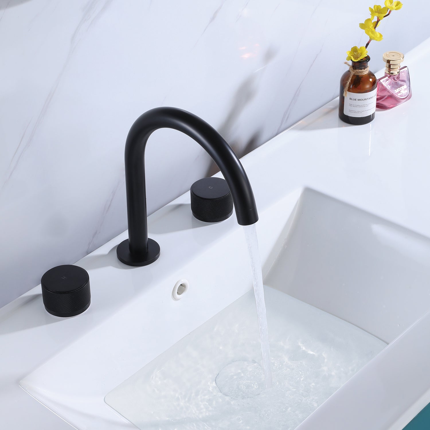3 Holes 8 in. Widespread Black Bathroom Faucet Two Handles Basin Sink Mixer Tap — thumbnail 3
