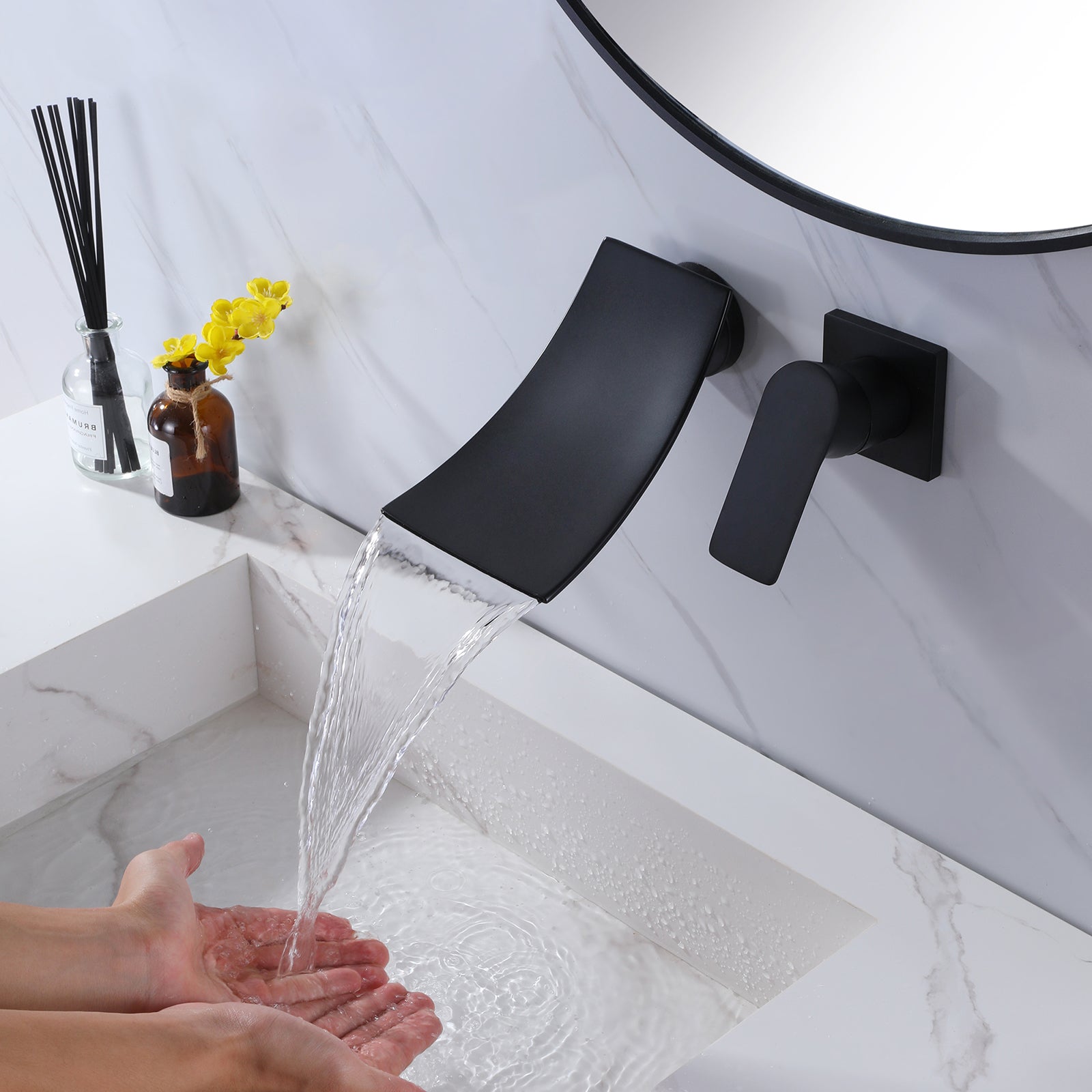 Wall Mounted Single Handle Waterfall Bathroom Sink Faucet In Black Finish — thumbnail 3