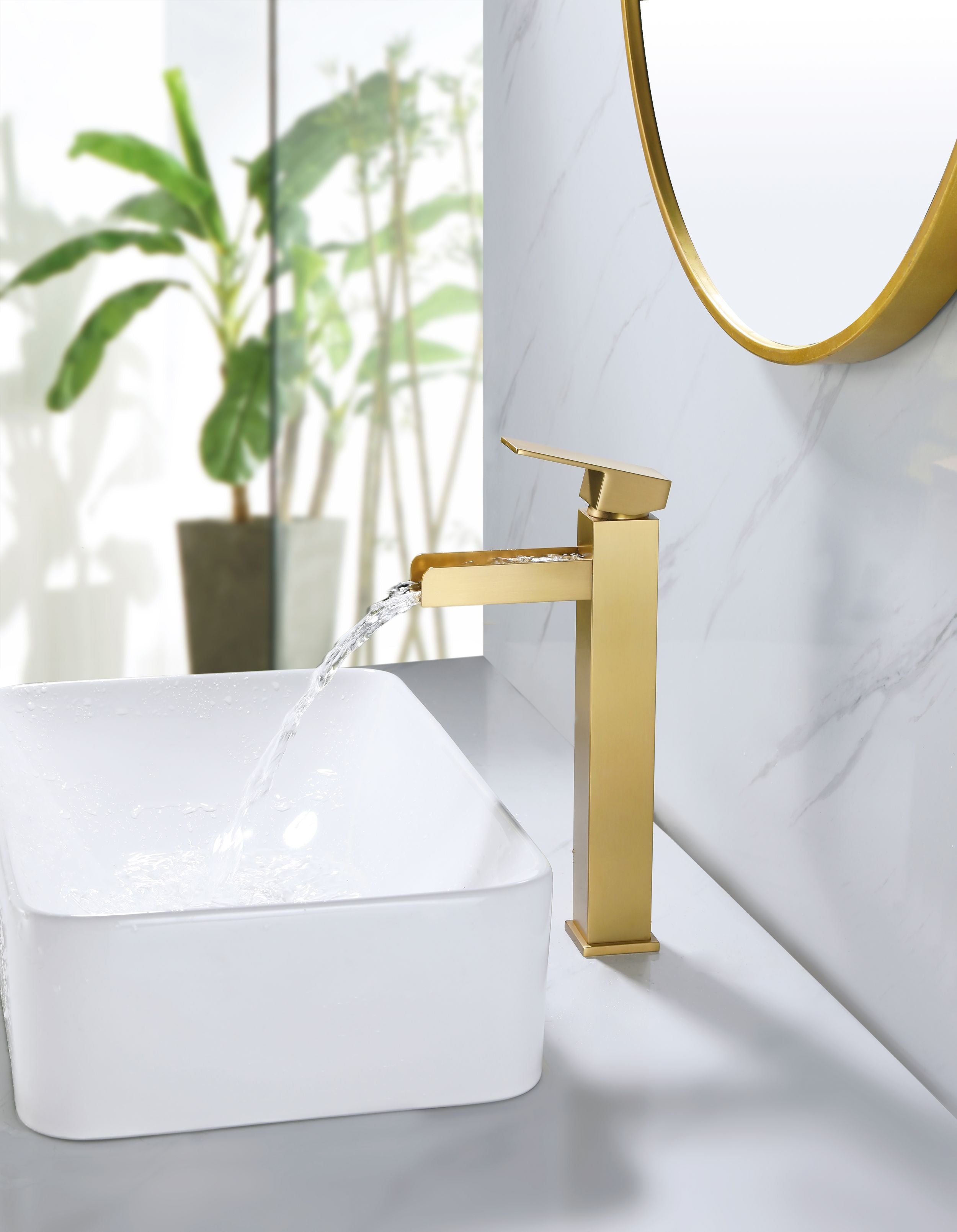 Tall Waterfall Spout Bathroom Lavatory Faucet Deck Mounted Brushed Gold — thumbnail 2