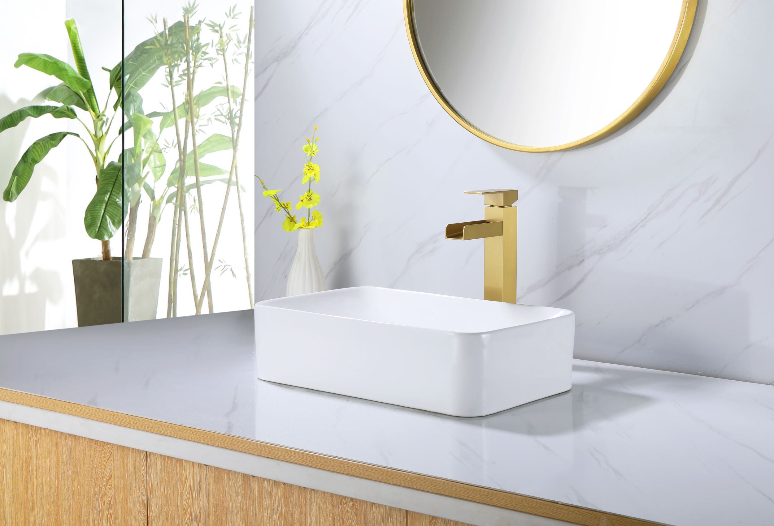 Tall Waterfall Spout Bathroom Lavatory Faucet Deck Mounted Brushed Gold — thumbnail 3