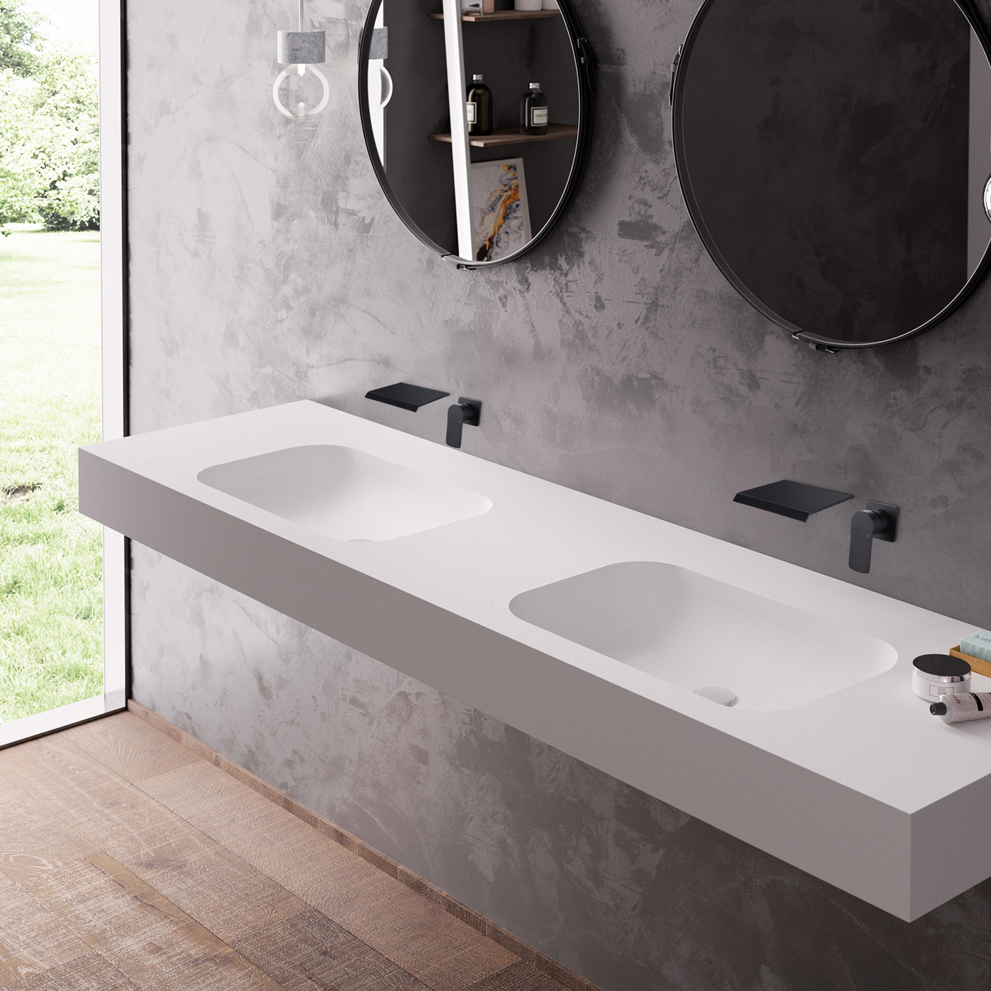 Waterfall Bathroom Lavatory Faucet Basin Mixer Tap With Shelf Black — thumbnail 2