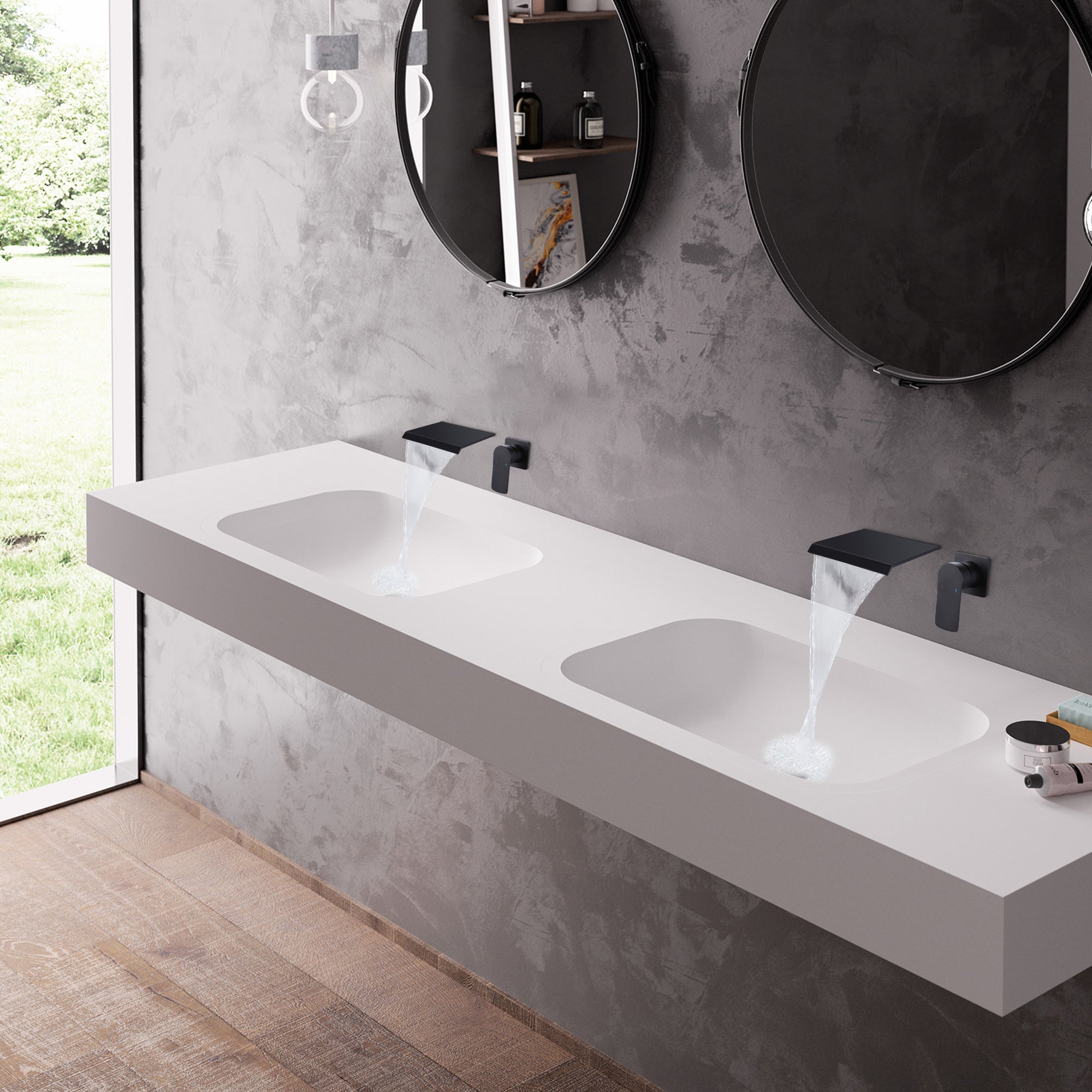 Waterfall Bathroom Lavatory Faucet Basin Mixer Tap With Shelf Black — thumbnail 3