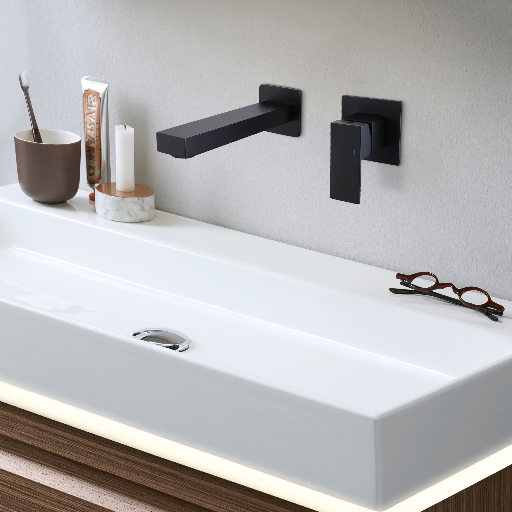 Wall Mounted Sink Faucet Matte Black Square Solid Brass Basin Mixer Tap — thumbnail 2