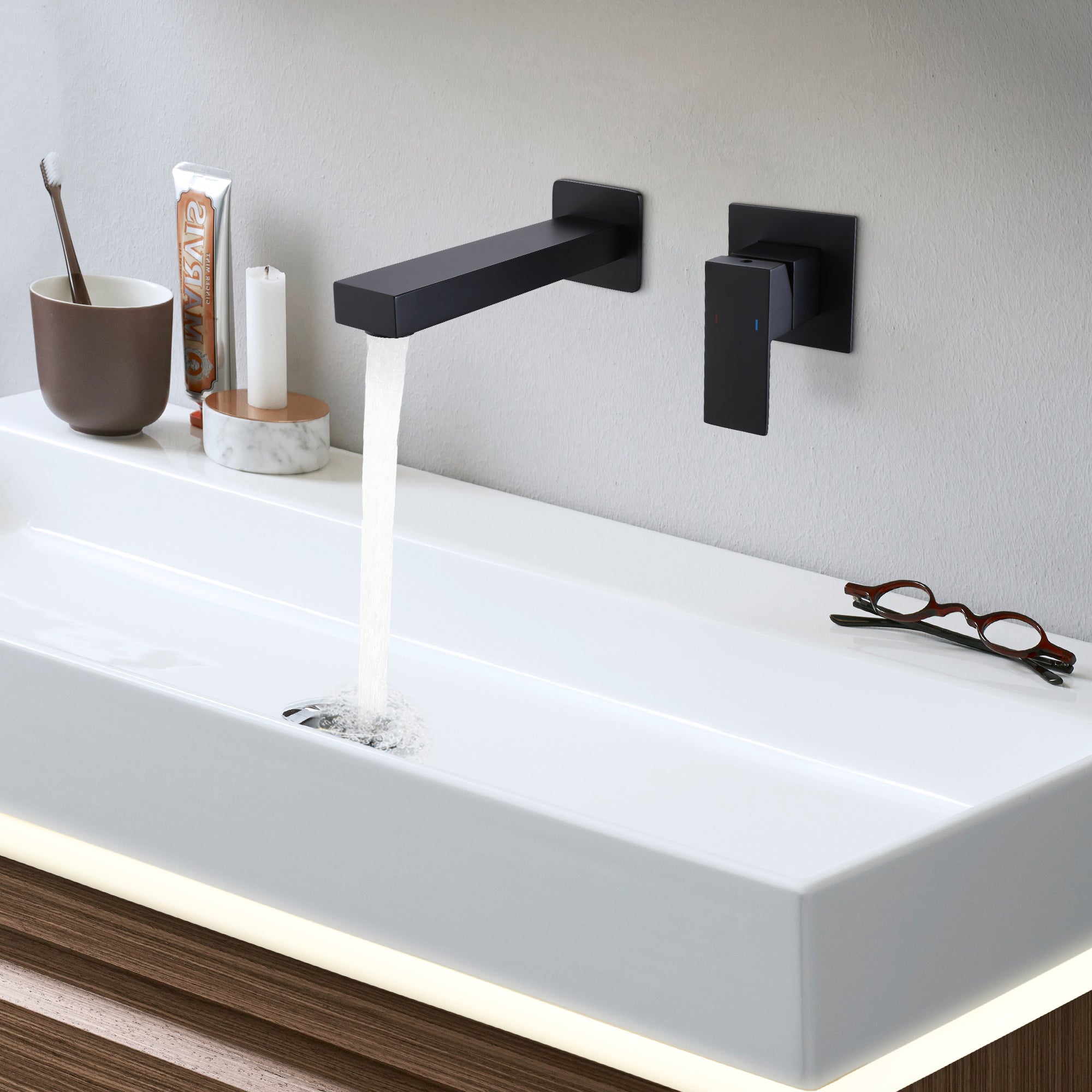 Wall Mounted Sink Faucet Matte Black Square Solid Brass Basin Mixer Tap — thumbnail 3