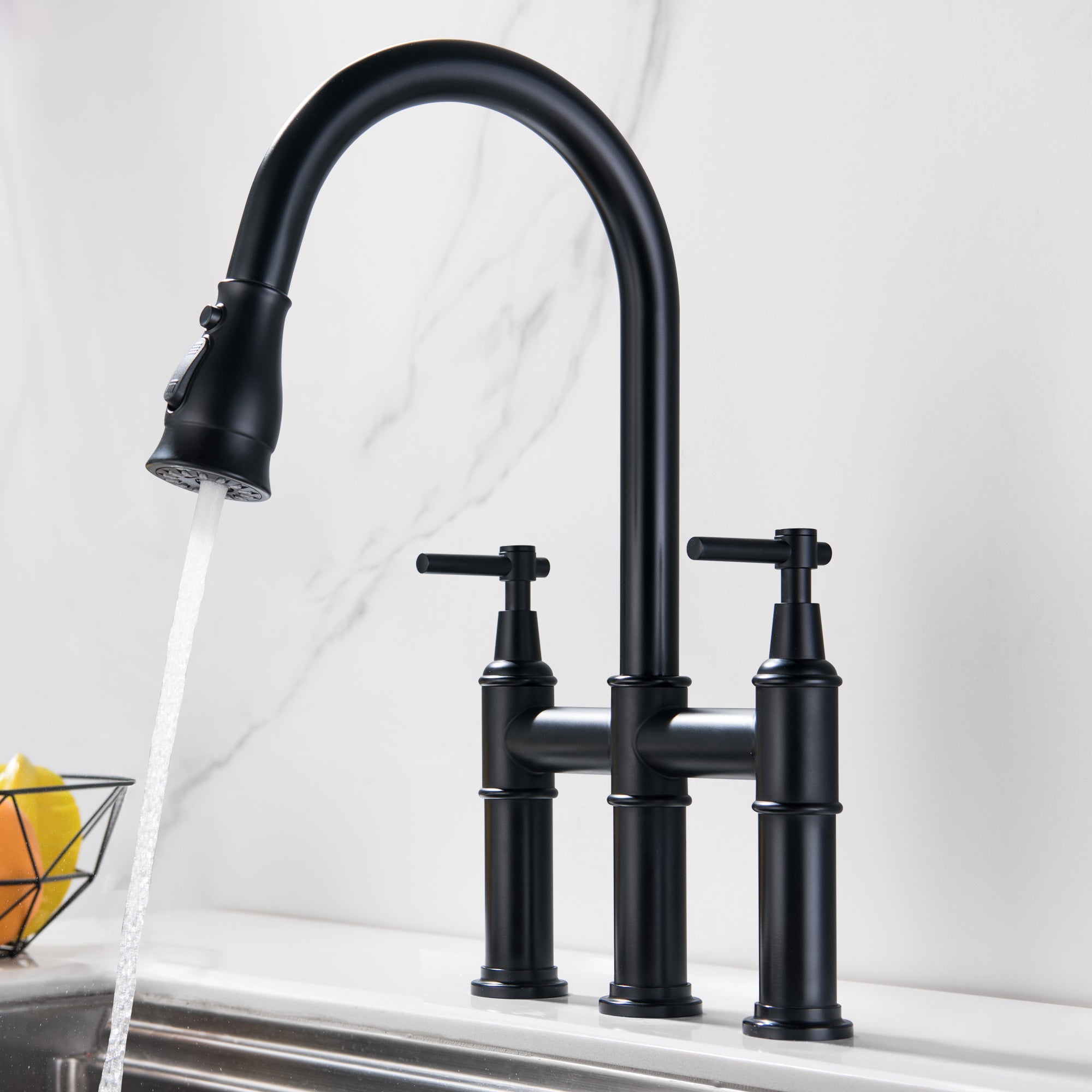 Bridge Kitchen Sink Faucet With Pull-Down Sprayhead Solid Brass Double Handle — thumbnail 2