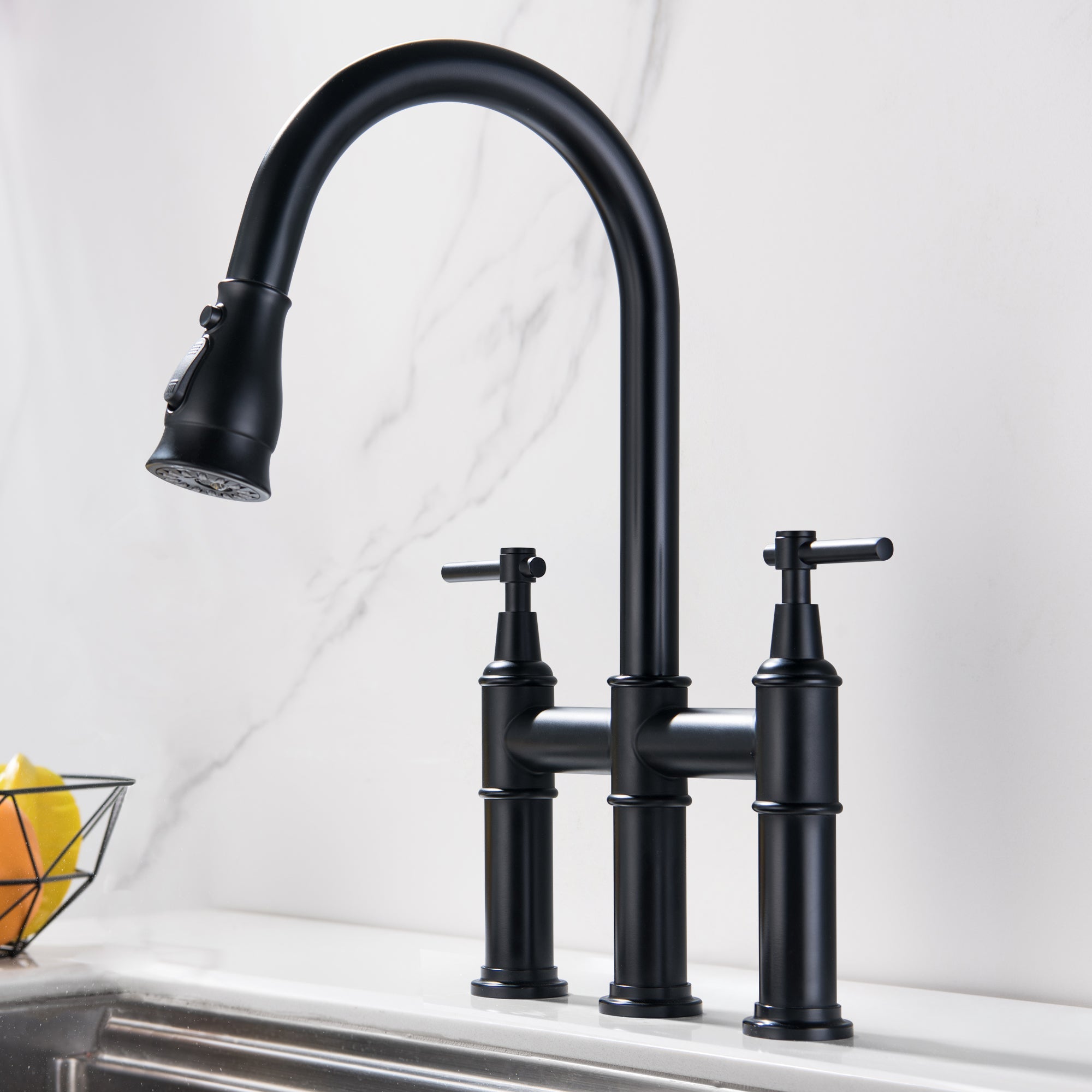 Bridge Kitchen Sink Faucet With Pull-Down Sprayhead Solid Brass Double Handle — thumbnail 3
