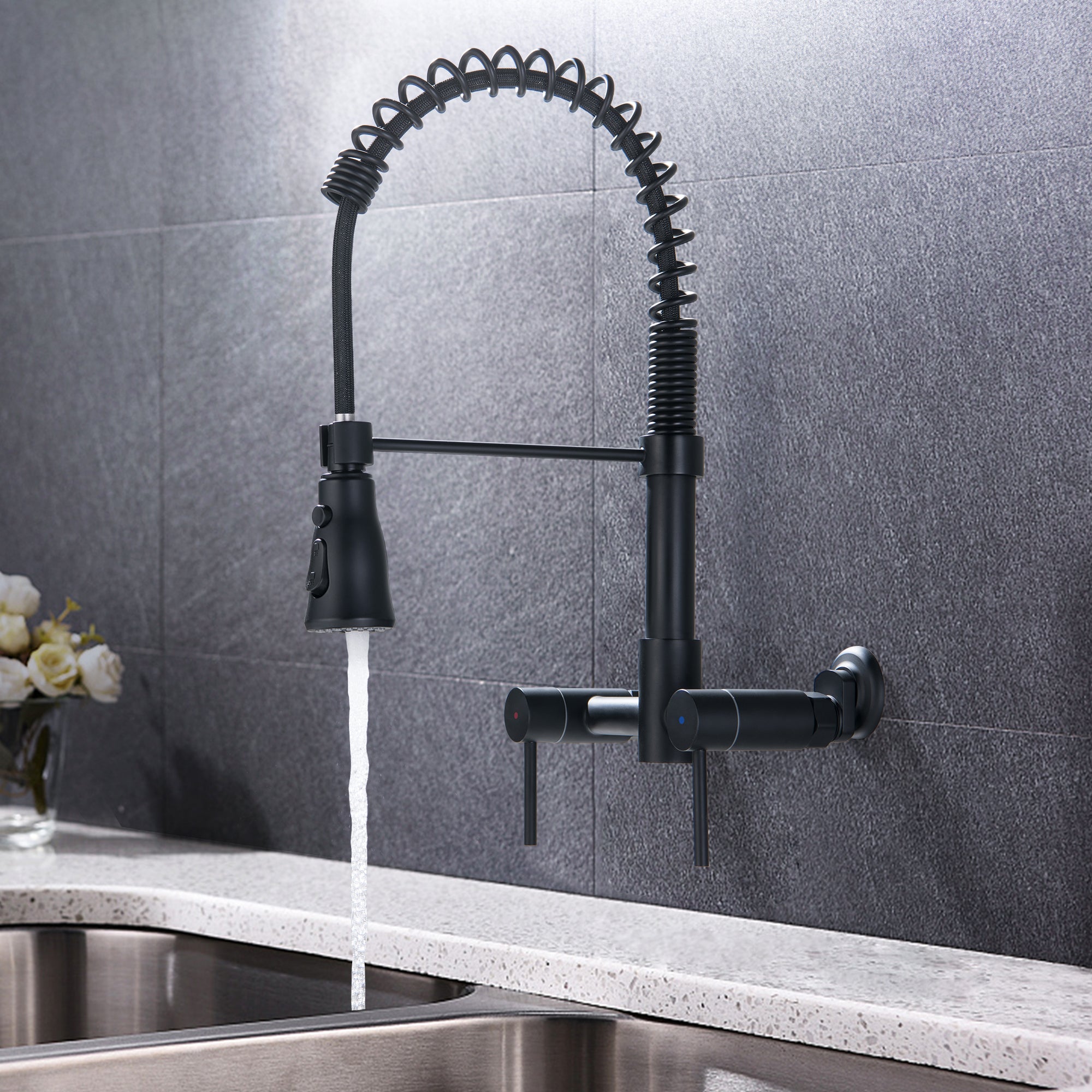 Commercial Solid Brass Pull Down Sprayer Spring Kitchen Sink Faucet — thumbnail 3