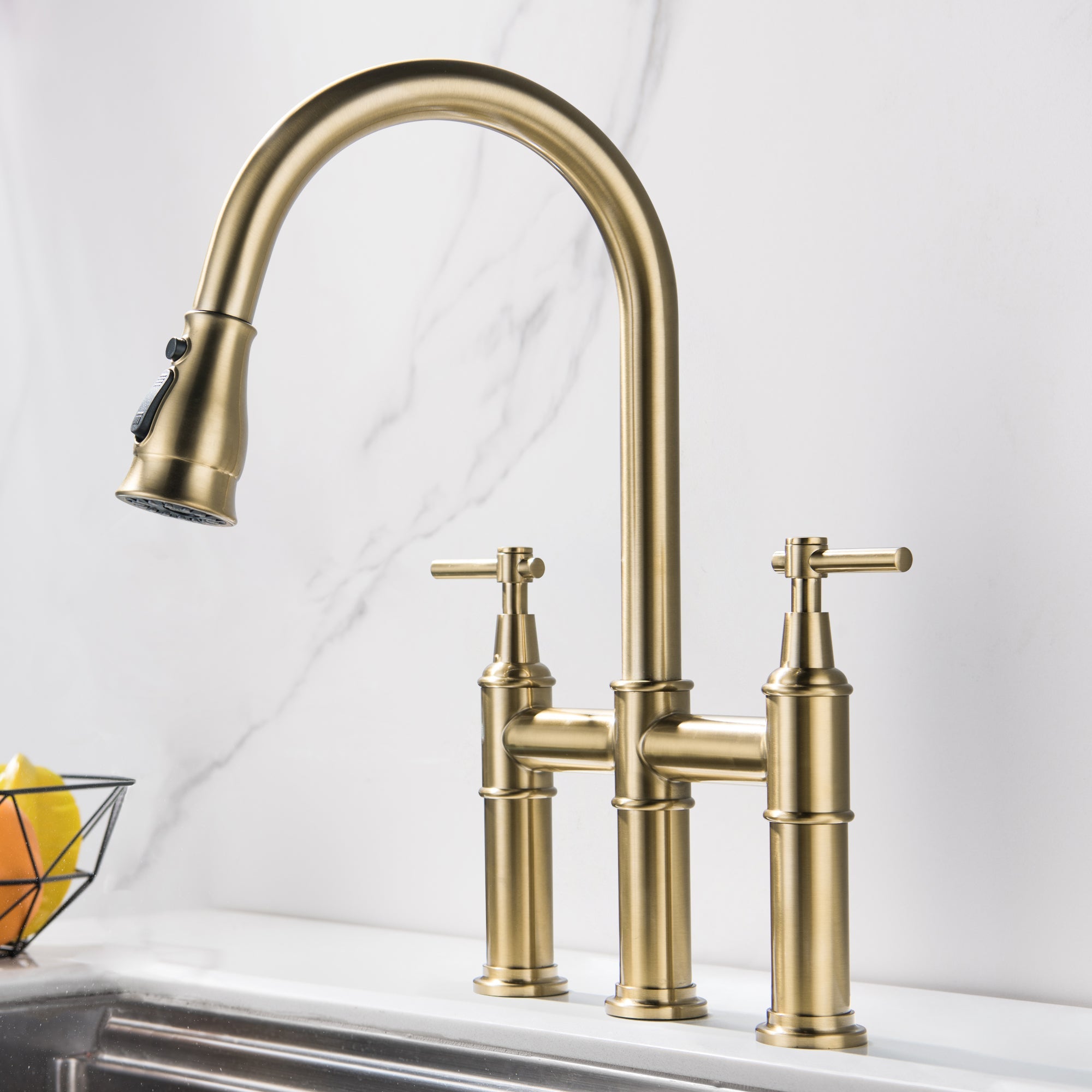 3 Hole Bridge Kitchen Sink Faucet with Pull Down Sprayer Brushed Gold — image 1