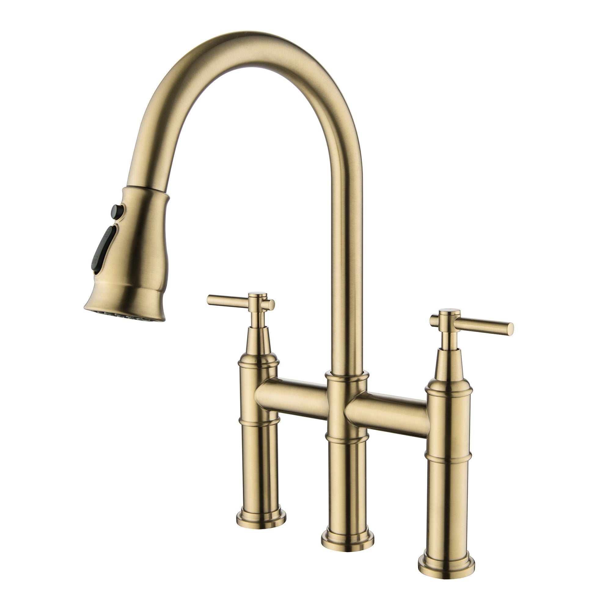 3 Hole Bridge Kitchen Sink Faucet with Pull Down Sprayer Brushed Gold — thumbnail 2